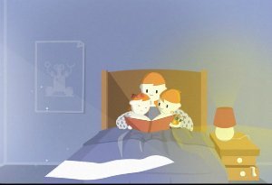 Illustration of mother reading a bedtime story to her children