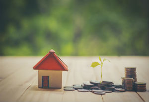 a piggy bank shaped as a house with money