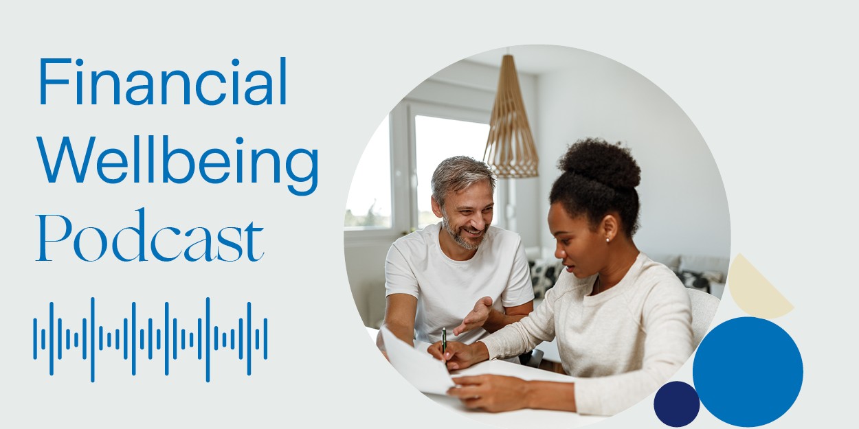 Man and woman in meeting promotional graphic for Zurich podcast