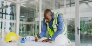 builder drawing on office plans