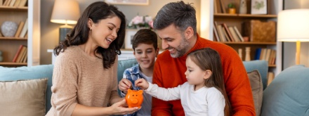 happy family father mother and two children with orange piggy bank